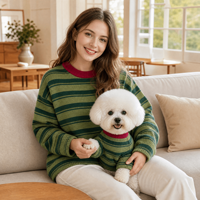 Ensemble pull et collier contrastant rétro rouge et vert à rayures pour propriétaire et animal de compagnie, personnalisable ODM OEM, vente en gros