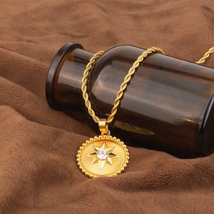 Vintage Style 18K Gold Plated Stainless Steel Texture Clear Zircon Sun Sunflower <strong>Coin</strong> Pendant <strong>Necklace</strong> for Women - Product Image 4