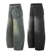 Jean Balloon pour Homme en Denim Délavé, Coupe Ample, Panneaux et Coutures Courbes, Bleu Délavé et Noir, Pantalon Large Streetwear OEM