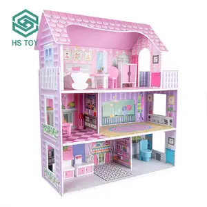 HS TOY บ้านตุ๊กตาจำลองขนาดใหญ่,เฟอร์นิเจอร์ขนาดเล็กของเล่นสีชมพูบ้านตุ๊กตาสำหรับเด็กผู้หญิง