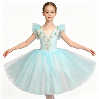Tenue de ballet pour enfant, bleu ciel, fleurs, strass, robe de compétition en tulle à volants sur les épaules pour filles