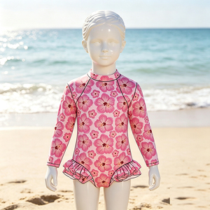 Maillots de bain pour filles en gros ODM/OEM, imprimé floral hawaïen personnalisé, manches longues, fermeture éclair au dos, maillot de bain une pièce, bikini d'été pour enfants - Product Image 1