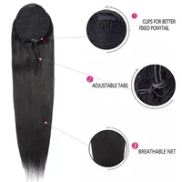 Extensions de cheveux queue de cheval droites avec postiche 100G, noir naturel, cheveux humains brésiliens Remy 100%, queue de cheval à cordon de serrage et clips