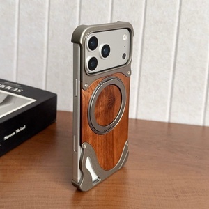 เคสแม่เหล็กแผ่นหลังไม้วอลนัทสุดหรูสำหรับ iPhone 18 15 16 17 Pro Max พร้อมการปกป้อง 360 องศา °   ขาตั้งโทรศัพท์แบบวงแหวน อลูมิเนียม โลหะ ฝาครอบไร้ขอบ - Product Image 1