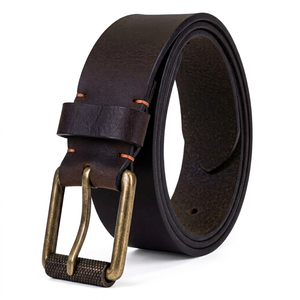 Cinturón de Cuero Vacuno Vintage de Color Sólido con Hebilla Rectangular de Cobre, Estilo Casual y Duradero, 3.3cm de Ancho - Product Image 1