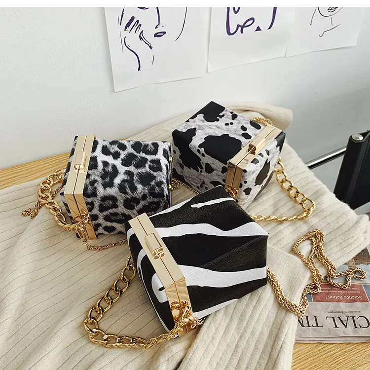Luxury Leopard Zebra Cow Pattern Leather small chain clutch sling crossbody box handbag and Purse for women