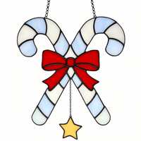 Attrape-soleil en verre coloré fait main, motif double croix, canne à sucre, nœud rouge, étoile jaune, décoration de fenêtre de Noël