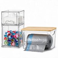 Dispenser Kantong Sampah Wadah Pod Cuci Pakaian Transparan Grosir dengan Tutup Bambu, Tempat Penyimpanan Bertumpuk, Pasokan Pabrik 2-in-1