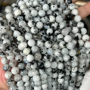 CHENYISHI Natural Stone Round Black Inclusion Moonstone Bead Crystal Stone Gemstone Beads For Jewelry Making Wholesale