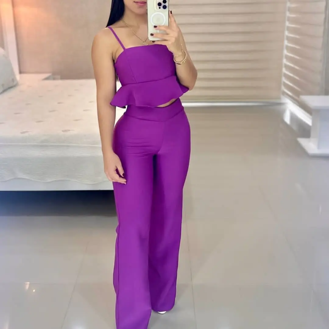 summer 2023 women clothing fashion Ruffled Sling crop top straight pants suit ladies casual 2 piece sets