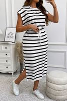 Vente en gros grande taille femmes col rond rayé imprimé sangle taille femmes tenue décontractée
