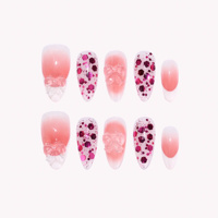Set Kuku Palsu Akrilik Almond Sheer dengan Gradasi Pink Putih, Glitter Merah Muda, Desain 3D Pita, 10 Pcs, Supplier SPA