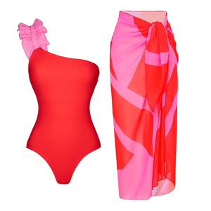 Women 2 Piece Swimsuit One Shoulder Ruffle One Piece Bathing Suit With Color Block <b>Sarong</b> Cover Up Skirt Summer <b>Beach</b> Swimwear - Product Image 1