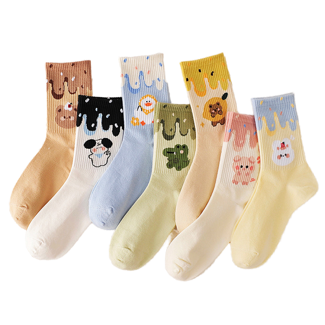 Korean Fashion Summer Crew Socks Daily Use Knitted Digital Print with Cute Cartoon Animal Pattern and Logo on Body