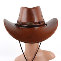 Chapeau de cowboy occidental en cuir PU de haute qualité à large bord pour hommes, avec sangle de menton réglable, idéal pour les activités de plein air, la pêche et la protection solaire.