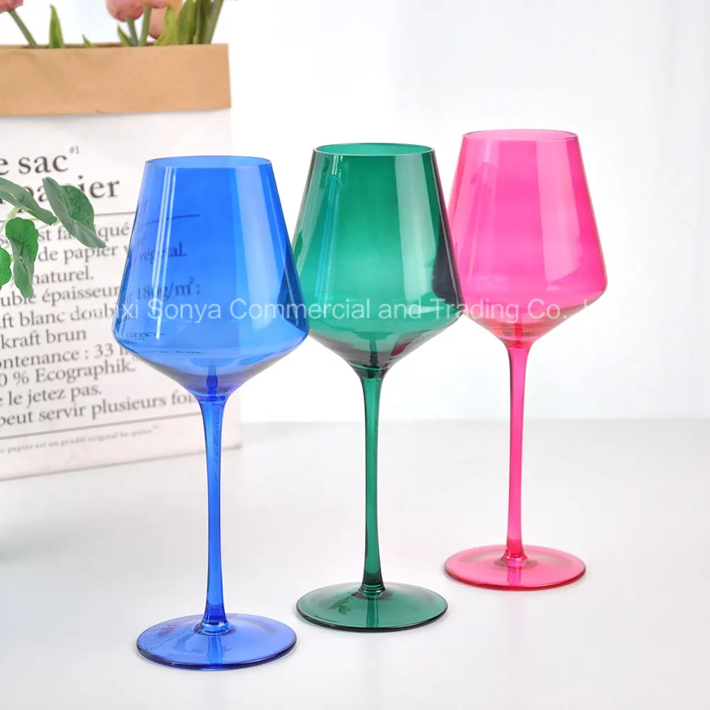 Copa de copas Rosa, Verde, negro y morado al por mayor, diseño europeo moderno, cristalería de cristal sin plomo, uso doméstico, opciones personalizadas