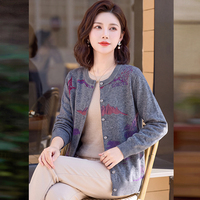 Cardigan en laine 100% tricoté sur mesure, pull jacquard à col rond pour femmes avec broderie de motifs. OEM/ODM disponible.