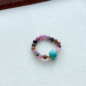 <span class=keywords><strong>Bague</strong></span> extensible pour femme en perles de pierres semi-précieuses turquoise et tourmaline arc-en-ciel, forme baril grande taille - Product Image 2