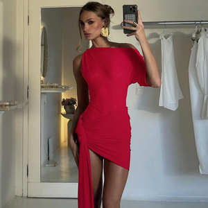 <span class=keywords><strong>Robe</strong></span> mini élégante pour femme, à une épaule, froncée, avec design asymétrique moulant, idéale pour les soirées d'été - Product Image 2