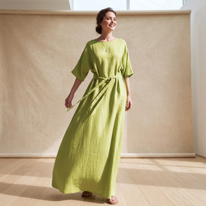 Robe midi trapèze à manches courtes et col en V, avec fente latérale, grande taille, en coton, avec nœud fait main, respirante, style vintage, taille haute, décontractée, coupe ample - Product Image 3