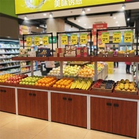 Modulair dubbeldeks zwaarbelastbaar metalen & houten fruit- en groentepresentatie rek met onderkast voor supermarkt groenteafdeling