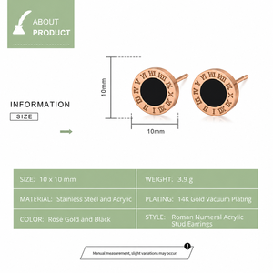 Boucles d'oreilles clous en acrylique chiffres romains, acier inoxydable plaqué or 14K sous vide, or rose, clous ronds noirs - Product Image 3
