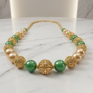 Antique 925 Silver <b>Necklace</b> with Green Beads Pearls Long Chain Mala <b>Statement</b> Jewelry for Women Wedding Party Gift Traditional - Product Image 4