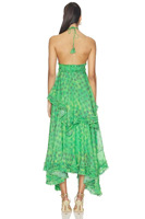 Robe de soirée dos nu verte à pois, à col halter, avec lacets, plis, volants et ourlet irrégulier, pour les vacances et les soirées.