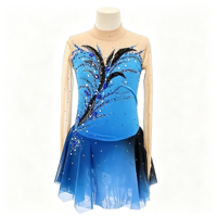 Robe de patinage et de danse bleu-noir dégradé, col montant, manches longues en maille, strass et plumes pour enfants et adultes, compétition et performance