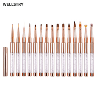 Kit de manucure professionnel 15 pièces en nylon pour ongles, avec stylo à gel pour peinture, dessin de rayures, fleurs et motifs français, manche or rose, pour vernis gel.