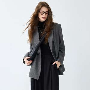 Women's Wool Blazer Grey Solid Color Slim Fit Professional Workwear Autumn Winter Style - Product Image 4