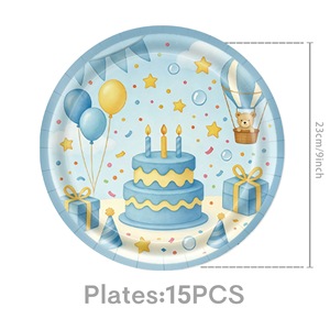 Kit de vaisselle jetable à thème Joyeux Anniversaire avec motif gâteau bleu, comprenant assiettes, gobelets et serviettes, pour anniversaire de garçon et fournitures de fête prénatale - Product Image 4