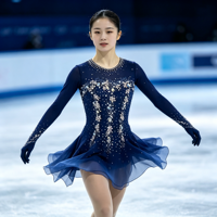 Robe de patinage artistique bleu marine à manches longues, jupe en mousseline de soie avec strass au dos rond, costume de performance pour compétition de patinage, sur mesure