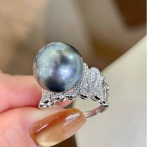 S925 Silver Wide Edition Ring with 13-14MM Natural Tahitian Pearl Round Strong Light with Minimal Flaws - Product Image 4