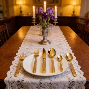 Ensemble de couverts de luxe légers en acier inoxydable pour mariage, design romain moderne, finition miroir dorée, durable, compatible lave-vaisselle, fourchette et couteau - Product Image 3