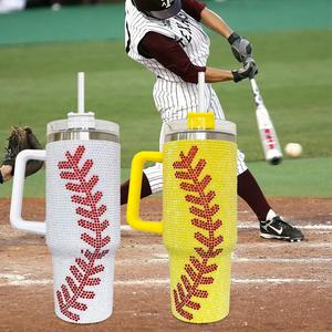 Ready to Ship 40Oz With Handle Double Wall Rhinestone Baseball Print Tumbler - Product Image 2
