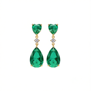 E1872 Orecchini pendenti in cristallo verde a forma di cuore, gioielli da festa di lusso da donna placcati in oro - Product Image 1