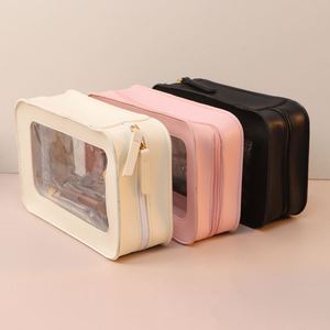 Fashion Pu Leather Square Cosmetic Case <b>Transparent</b> Window Zipper Water Resistant Large Capacity Travel Toiletry <b>Bag</b> for Women - Product Image 5