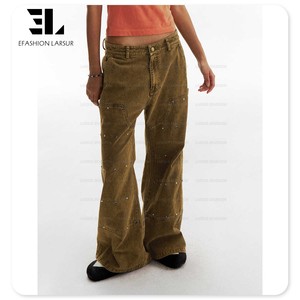 Larsur Tùy Chỉnh Nhà Máy Đau Khổ Rửa Denim Vịt Vải Đôi Đầu Gối Carpenter Quần Studded Đinh Tán Rhinestone Đá Quý Hàng Hóa Quần Jean - Product Image 3