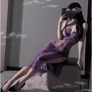 Purple Lace Sleepwear Set Women Sleeveless Sexy Nightgown With Slit Long Skirt Soft Polyester Fiber Uniform Style - Product Image 5