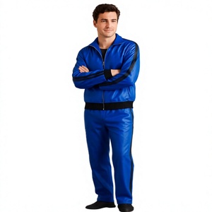 Chándal de Cuero Genuino Azul para Hombre, Estilo Casual de Manga Larga, Rayas en Contraste, Cierre de Cremallera, Corte Holgado, Color Sólido - Product Image 5