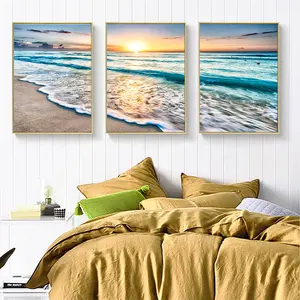 3面板海洋帆布墙艺术家居装饰蓝海日落白色沙滩绘画画印花帆布海景墙装饰