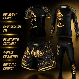 Conjunto de 4 Piezas Black Gold <span class=keywords><strong>Dragon</strong></span>: Shorts de Muay <span class=keywords><strong>Thai</strong></span>, Rashguard, Pantalones de Compresión, Logotipo Personalizado, OEM, ODM, MOQ Bajo, Directo de Fábrica - Product Image 4