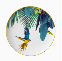 Service de table en porcelaine fine à imprimé floral tropical, assiettes rondes à bord doré pour la maison, les mariages, les fêtes et les dîners élégants
