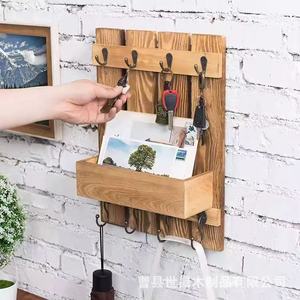 Bandeja de pared de madera quemada estilo retro, soporte para tazas de café, estante de almacenamiento montado en la pared con 8 ganchos para accesorios de cocina - Product Image 3