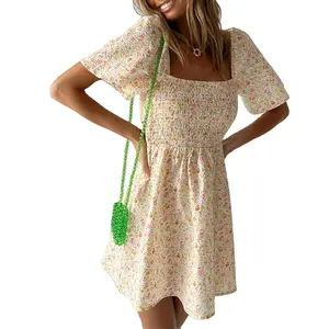 Gaun Mini katun wanita, gaun lengan pendek motif bunga punggung terbuka kasual musim panas untuk perempuan