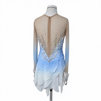 Robe de patinage et de danse pour enfants et adultes, dégradé bleu et blanc, manches longues en maille, jupe à volants avec strass, pour compétition et spectacle de patinage sur glace