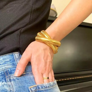 Bracelet extensible triple en acier inoxydable plaqué or 18 carats, style Fashion <span class=keywords><strong>Trio</strong></span>, pour superposition et entrelacement - Product Image 5