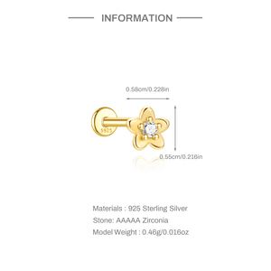 Boucles d'oreilles clous en argent 925 plaqué or 18 carats, motif fleur zircon, 12x8mm, pour piercing cartilage, dos plat - Product Image 6