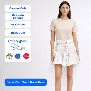 SHENGFU Mini-jupe <span class=keywords><strong>en</strong></span> jean blanche pour femme, personnalisée OEM, taille haute, ourlet à volants, boutonnée sur le devant, ceinturée, effet délavé, courte, tendance - Product Image 1